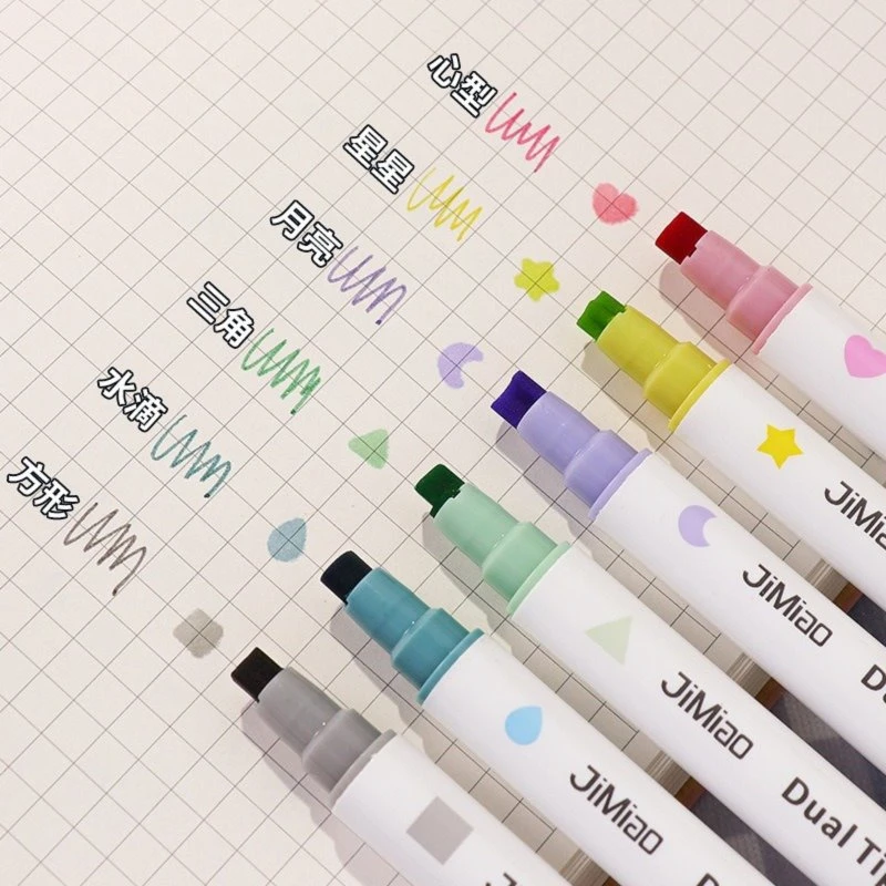 6 Lliw Stamp Amlygu Pen Dwbl