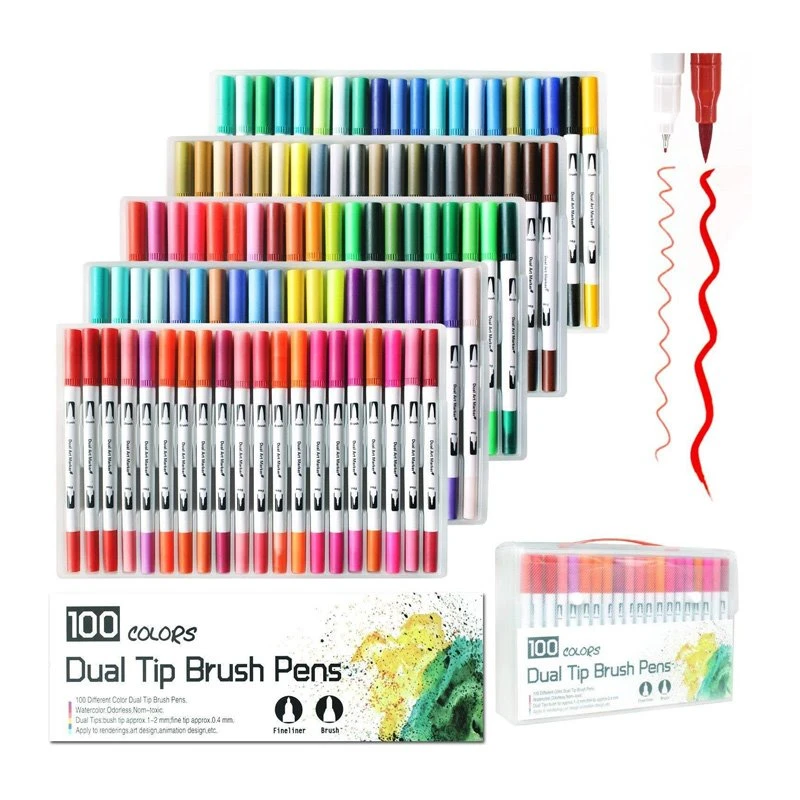Tip Deuol Dyfrlliw Brwsh Marciwr Pen Set